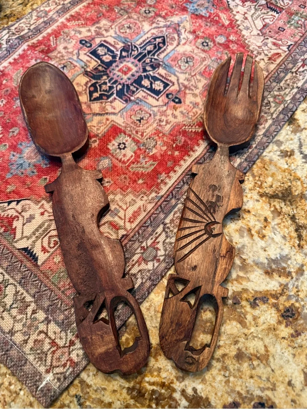 Wooden Salad Spoon Fork Set Utensil Hand Carved 12 Inch